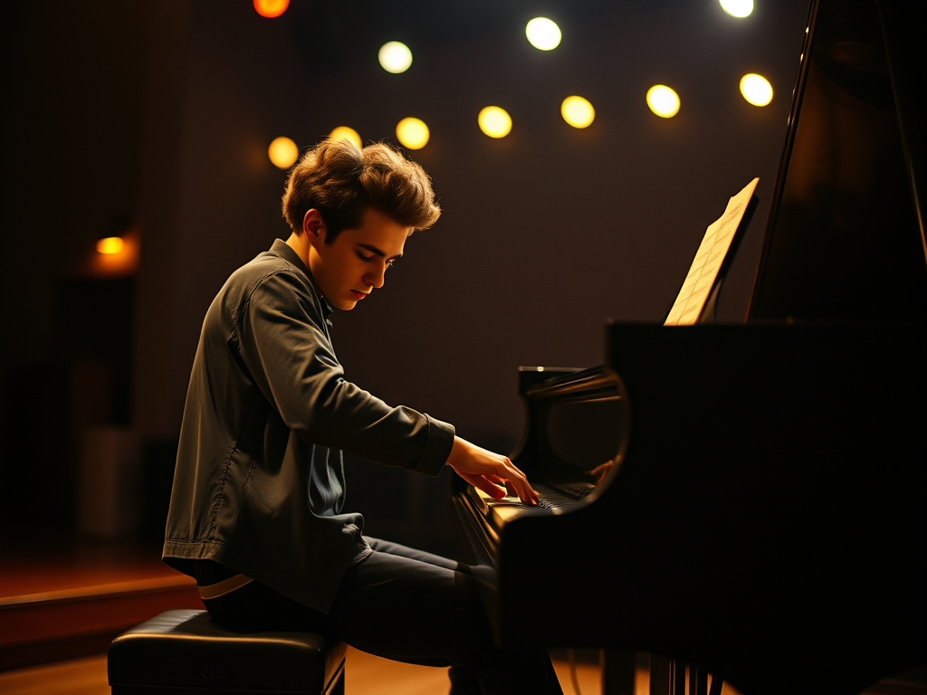 an experienced piano artist in their early twenties practicing on a stage