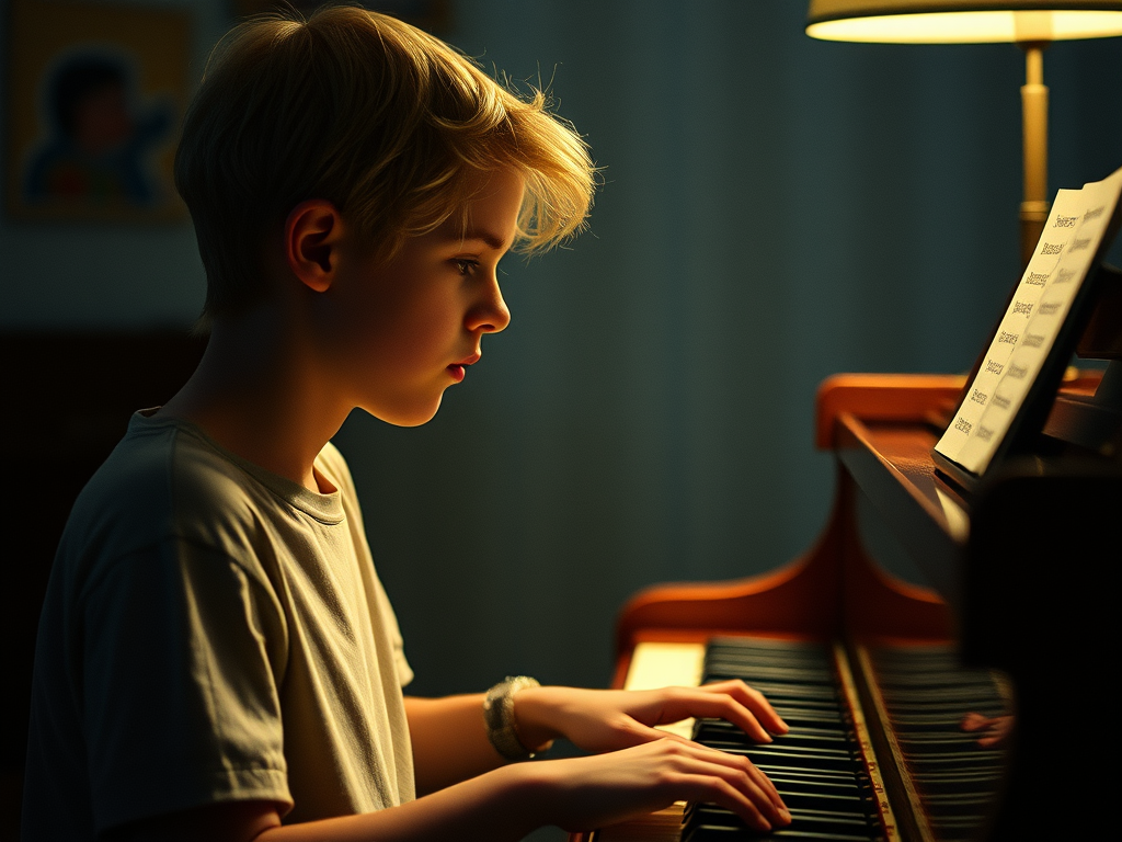 youthful person in their early teens with blond hair, learning piano, shown from the side (profile view)